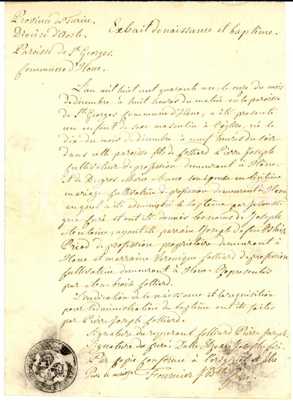 Manoscritto, lettera originale 1841 HONE (AO) Fede di battesimo Pierre Joseph COLLIARD Parrocchia SAN GIORGIO 1
