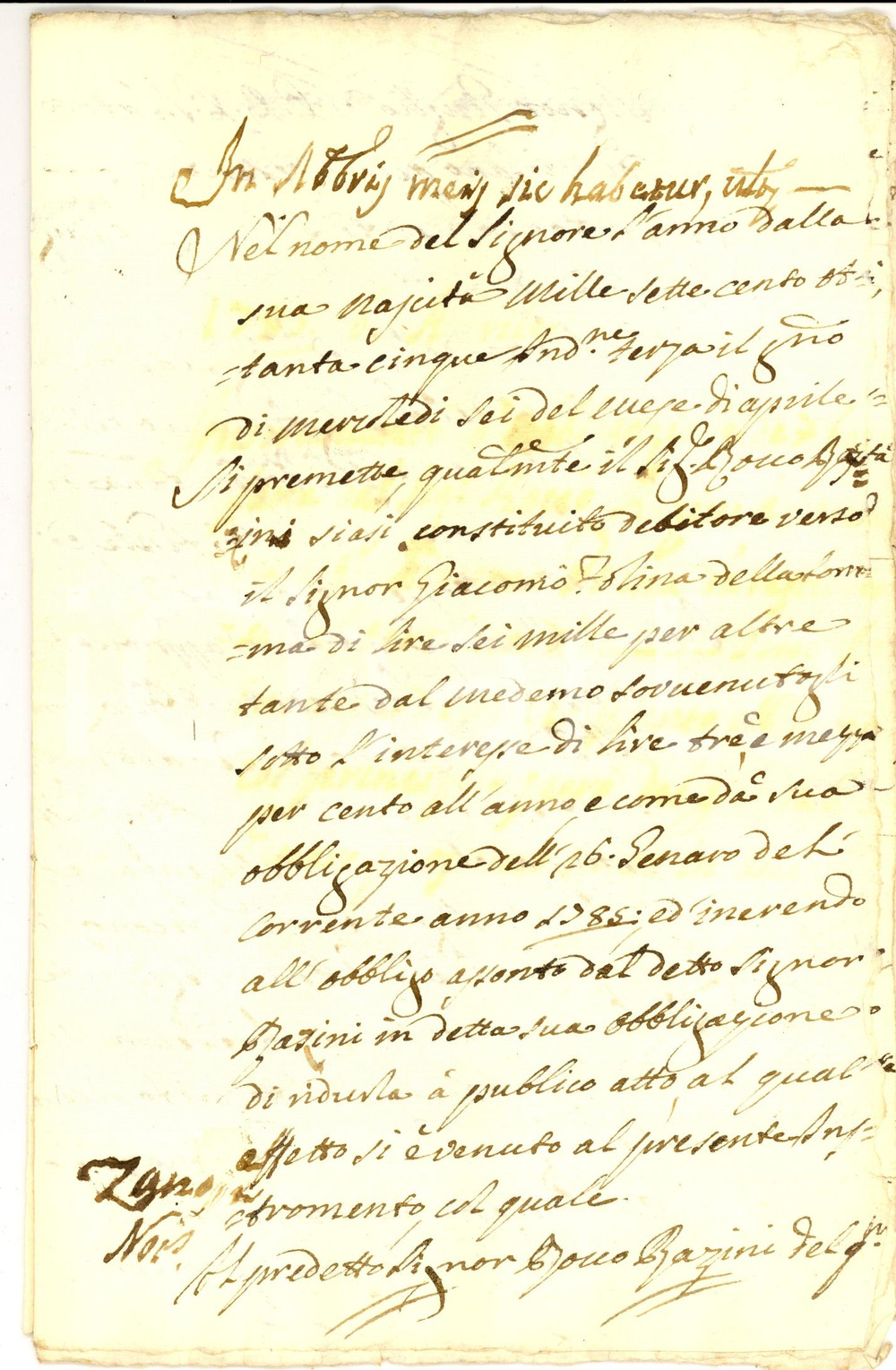Documento originale, autentico 1785 MILANO Contratto prestito Giacomo FOLINA a Rocco RAZINI Manoscritto 12pp 1