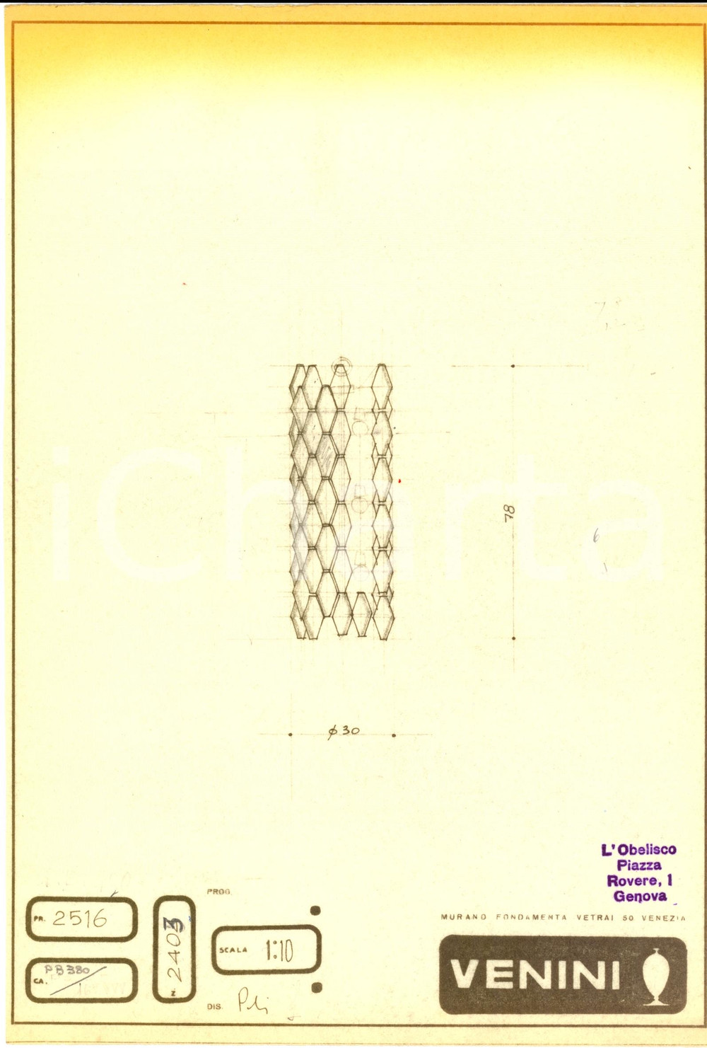 Materiale pubblicitario d’epoca 1960 ca MURANO VENEZIA Ditta VENINI Disegno lampada in vetro *Copia eliografica 1