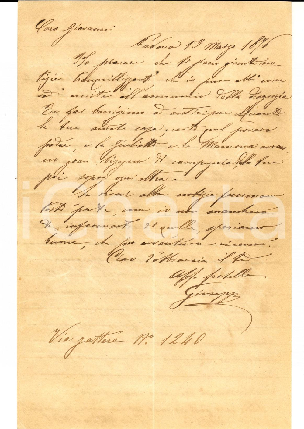 Manoscritto, lettera originale 1876 PADOVA Giuseppe BORGHETTI scrive alla famiglia *Lettera AUTOGRAFA 1