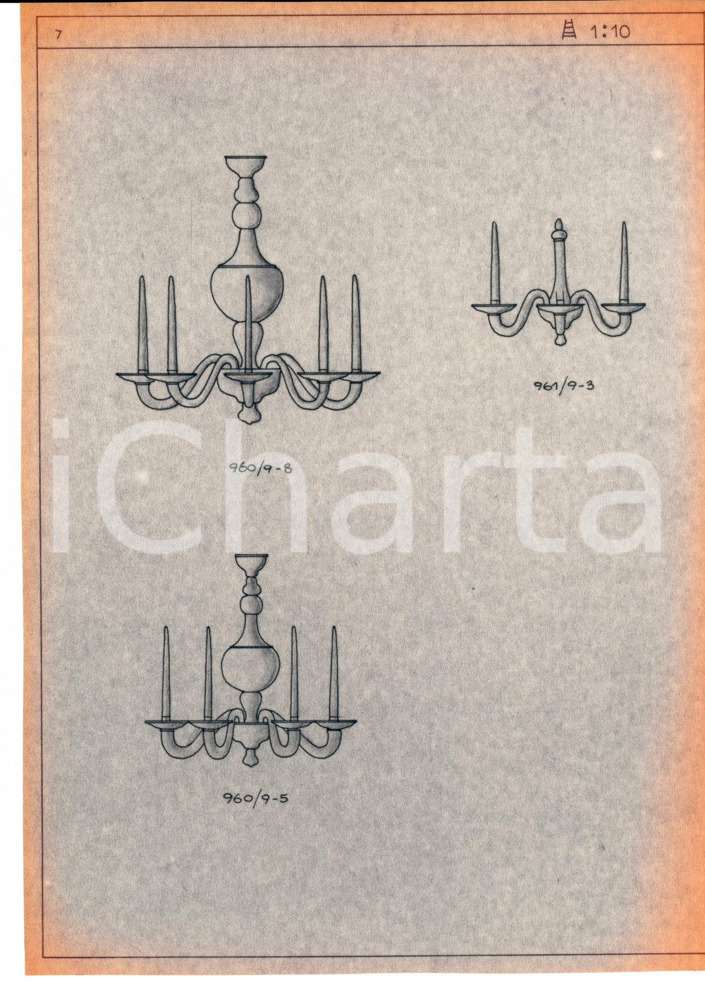 Materiale pubblicitario d’epoca 1960 ca MURANO VENEZIA Vetrai VENINI disegno di lampadari Copia eliografica 1