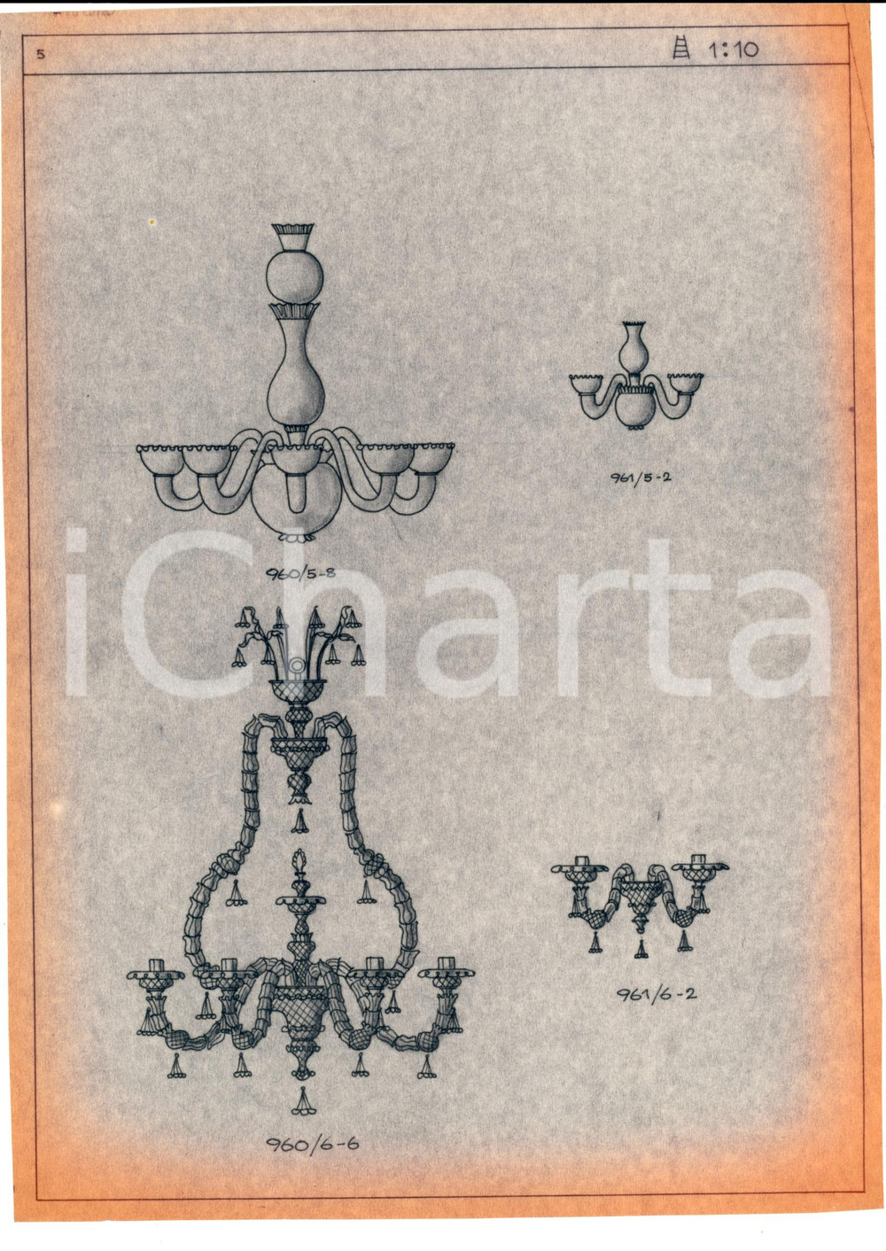 Materiale pubblicitario d’epoca 1960 ca MURANO VENEZIA Vetrai VENINI disegno di lampadari *Copia eliografica 1