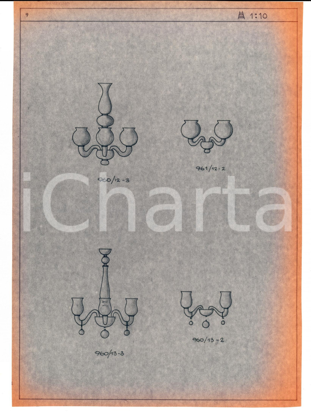 Materiale pubblicitario d’epoca 1960 ca MURANO VENEZIA Vetrai VENINI disegno lampadari *Copia eliografica 1