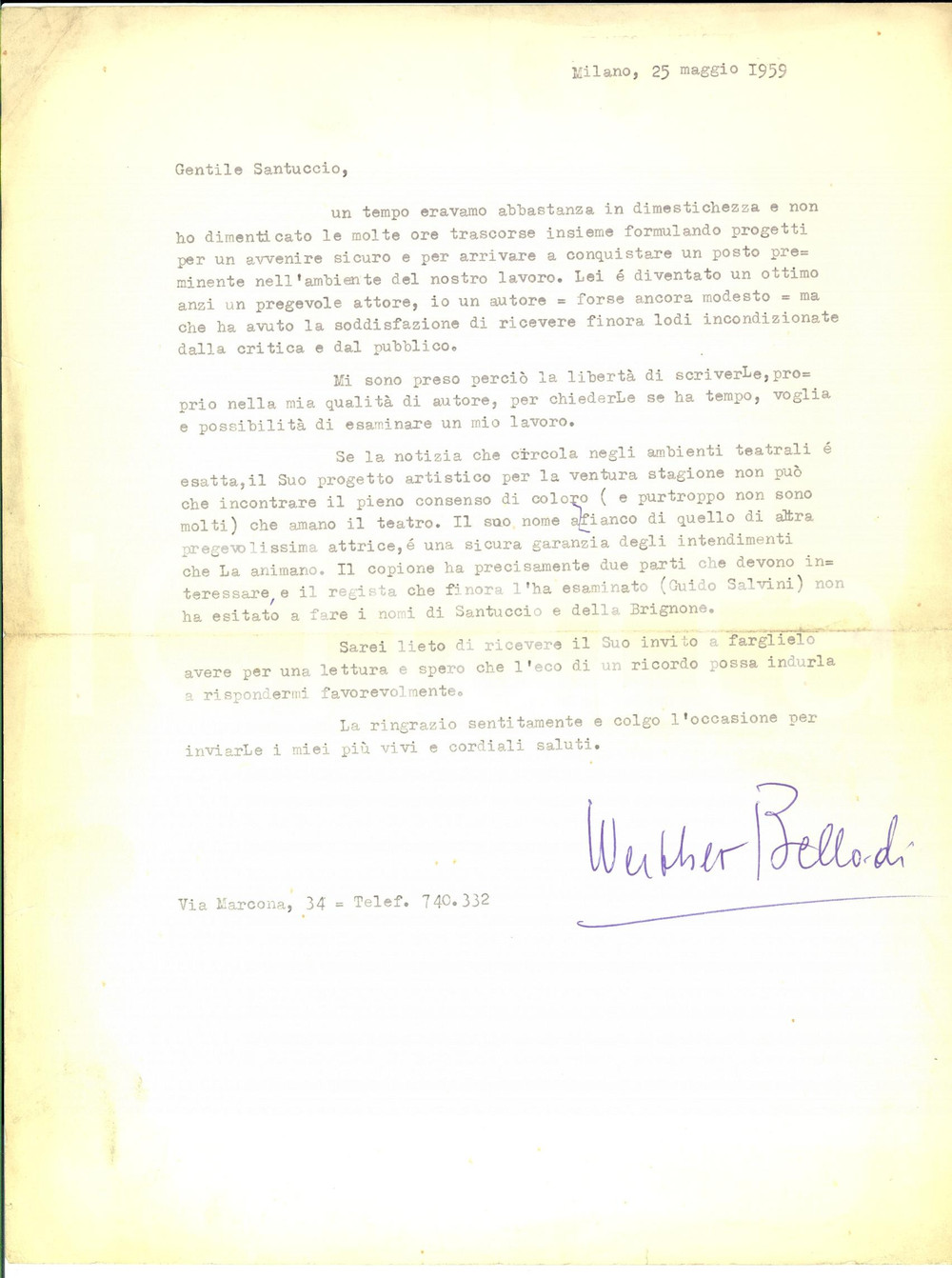 Autografo originale 1959 MILANO Werther BELLODI promuove il suo lavoro teatrale Autografo 1