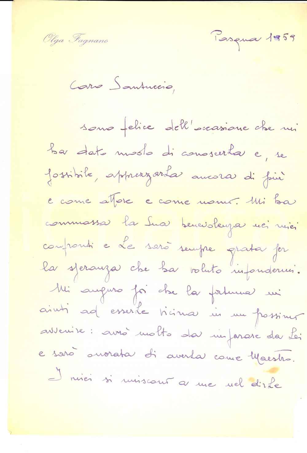 Autografo originale 1959 TORINO Attrice Olga FAGNANO al maestro Gianni SANTUCCIO *Autografo 1