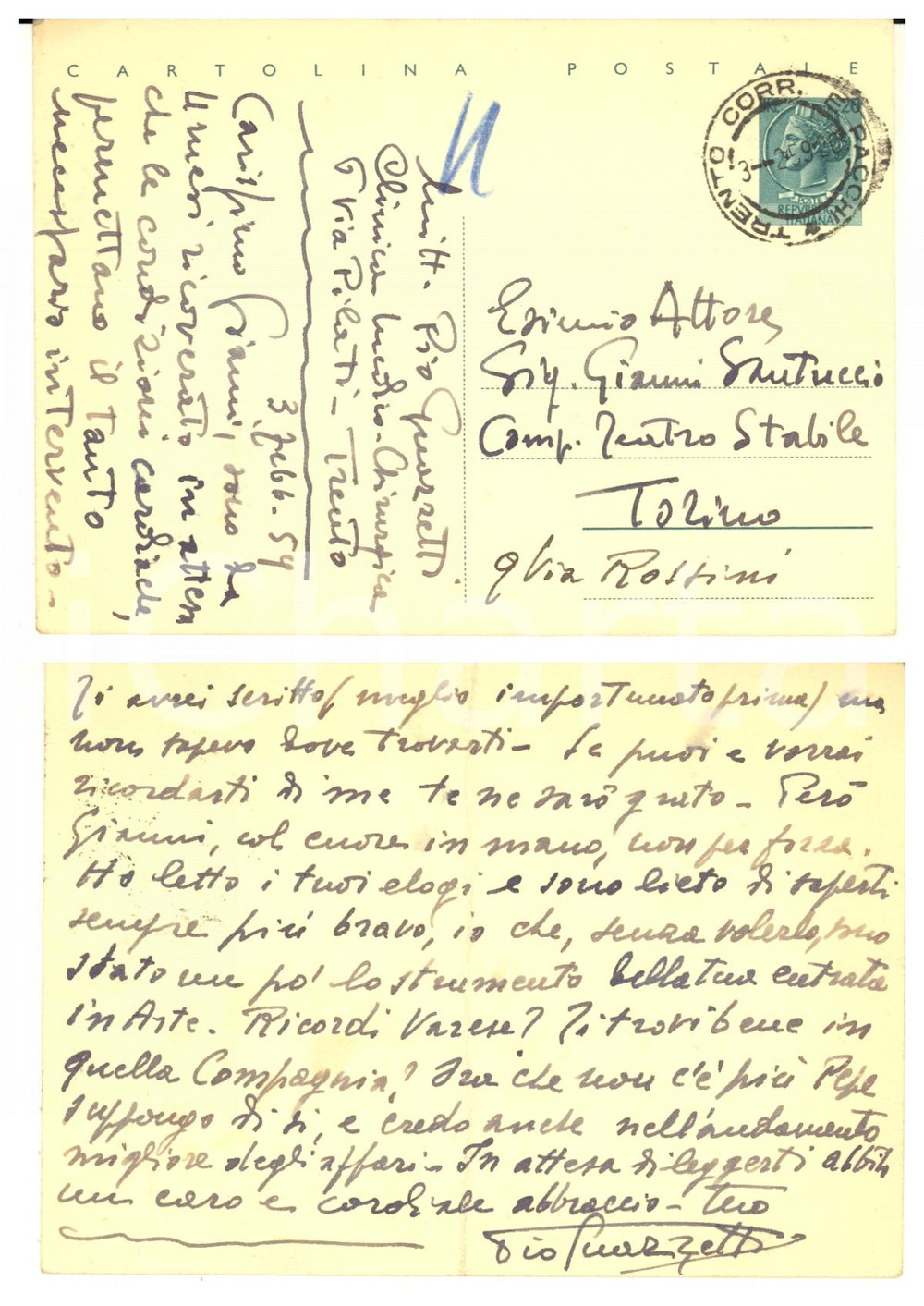 Autografo originale 1959 TRENTO Pio GUAZZETTI a Gianni SANTUCCIO 'Ricordi Varese?' AUTOGRAFO FG VG 1