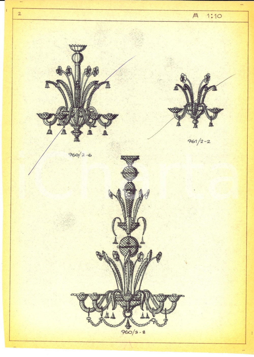 Materiale pubblicitario d’epoca 1960 ca MURANO VE Ditta VENINI disegno lampadari in vetro ELIOGRAFIA 1