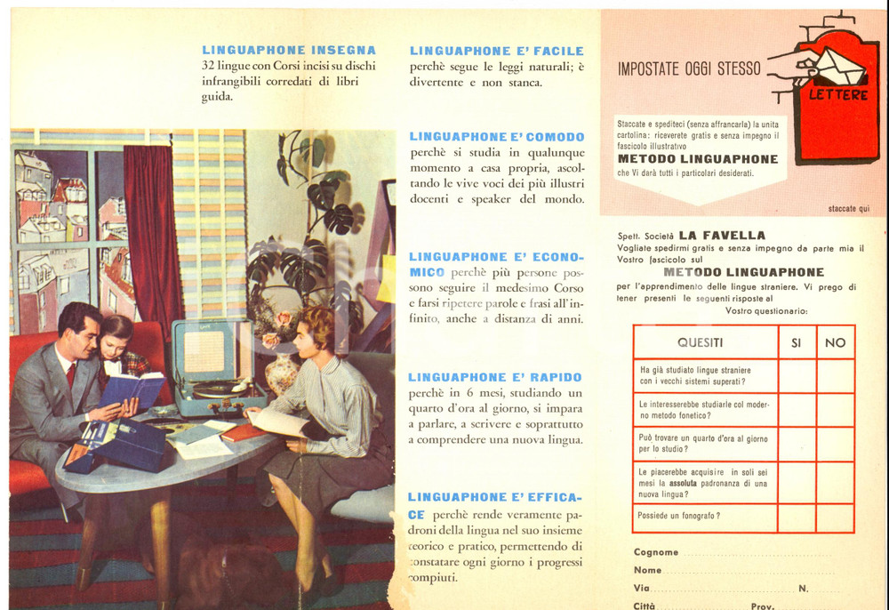 Materiale pubblicitario d’epoca 1959 MILANO Scuola di lingue LA FAVELLA *Pieghevole PUBBLICITARIO 1