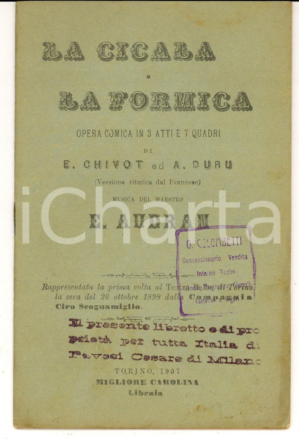 Libro, pubblicazione d'epoca 1907 Henri CHIVOT e Alfred DURU La cicala e la formica *Opera comica 1