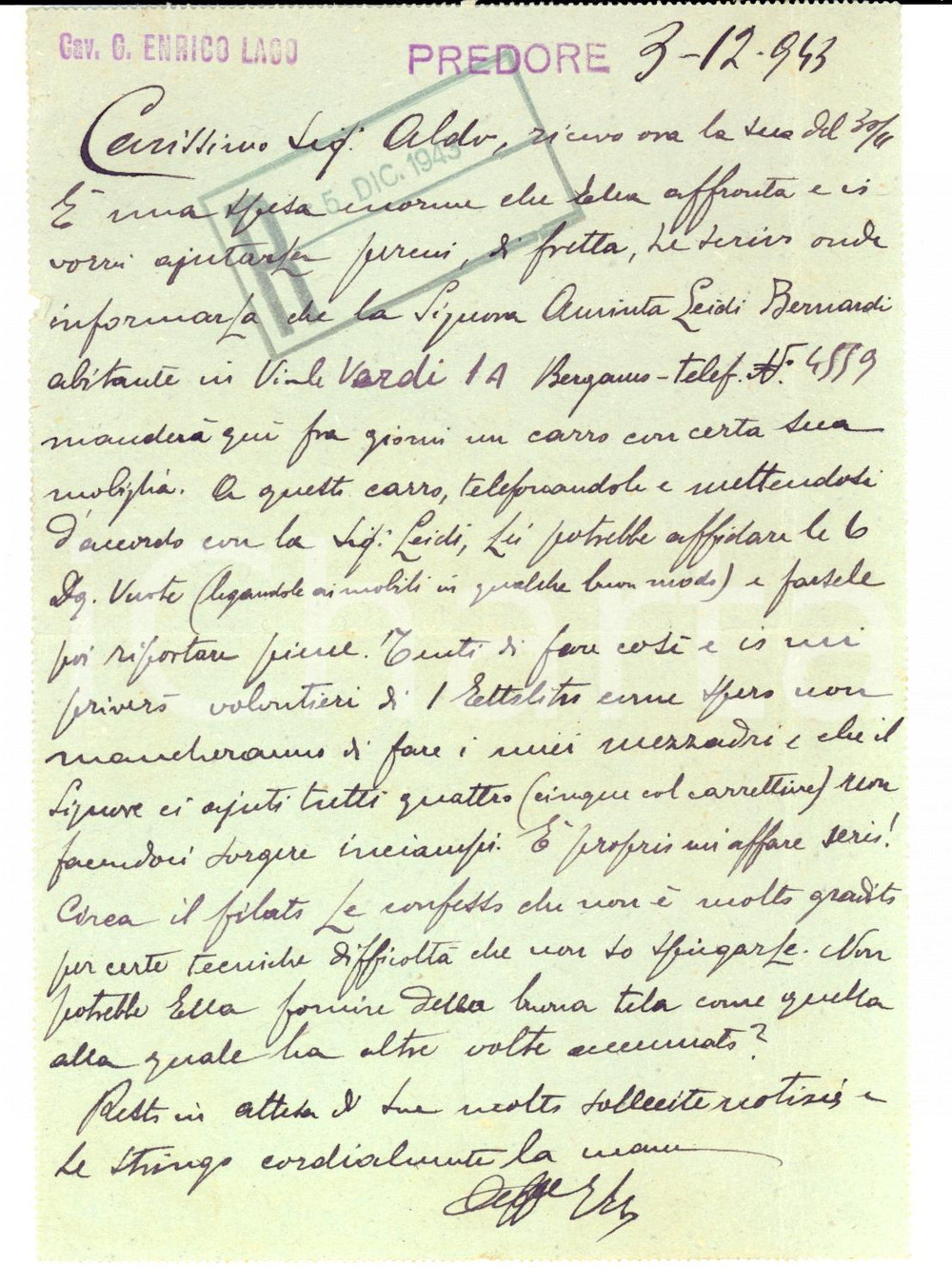 Autografo originale 1943 PREDORE (BG) Cav. G. Enrico LAGO ad Aldo OPRANDI *Autografo FP VG 1