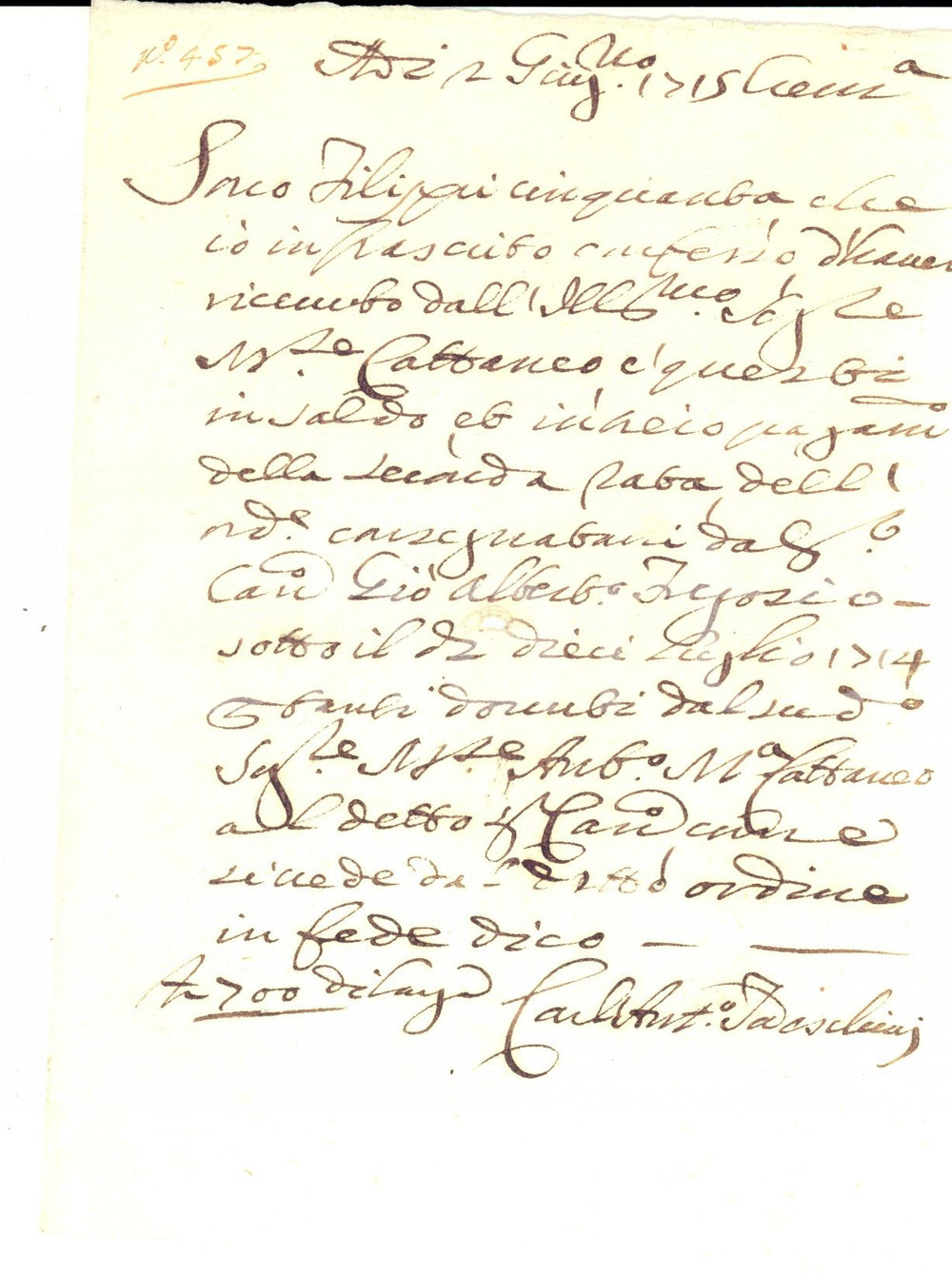 Documento originale, autentico 1715 CREMONA Saldo Carlo Antonio TASCHINI per ordine Giovanni Alberto FREGOSI 1