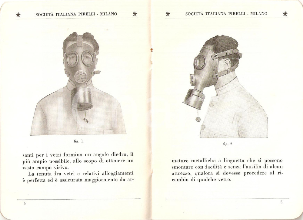 Libro, pubblicazione d epoca 1935 MILANO  PIRELLI Maschera antigas tipo T. 33 Guerra chimica 1