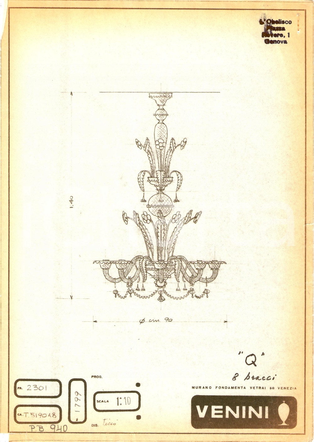 Materiale pubblicitario d’epoca 1960 circa MURANO VENEZIA Vetrai VENINI disegno Lampadario Copia eliografica 1