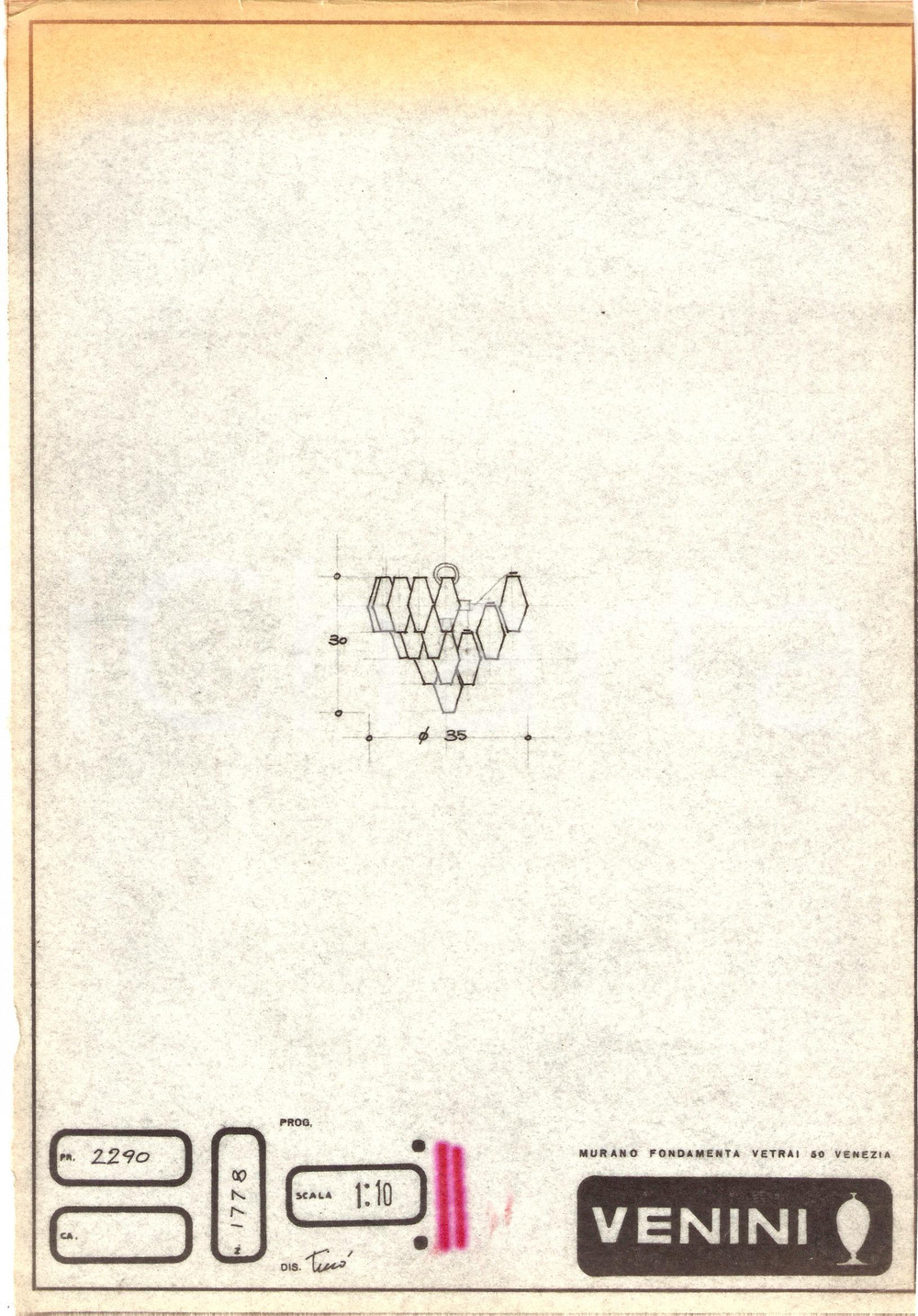 Materiale pubblicitario d’epoca 1960 ca MURANO VENEZIA Vetrai VENINI disegno Tecnico lampada Copia eliografica 1 1