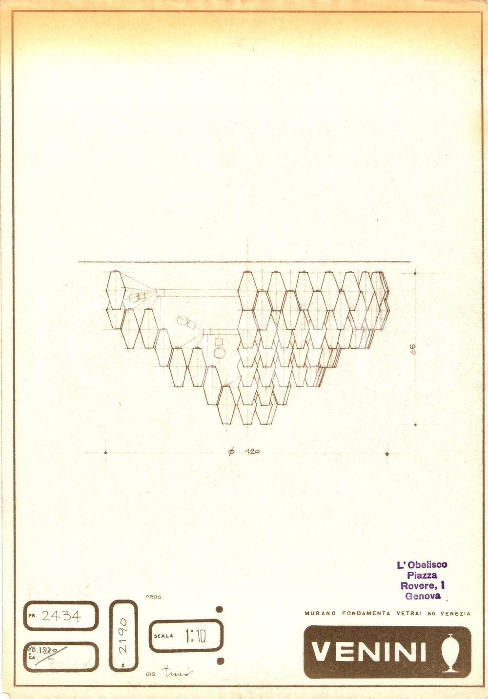 Materiale pubblicitario d’epoca 1960 ca MURANO  VENEZIA Vetrai VENINI disegno Lampadario Eliografia 1