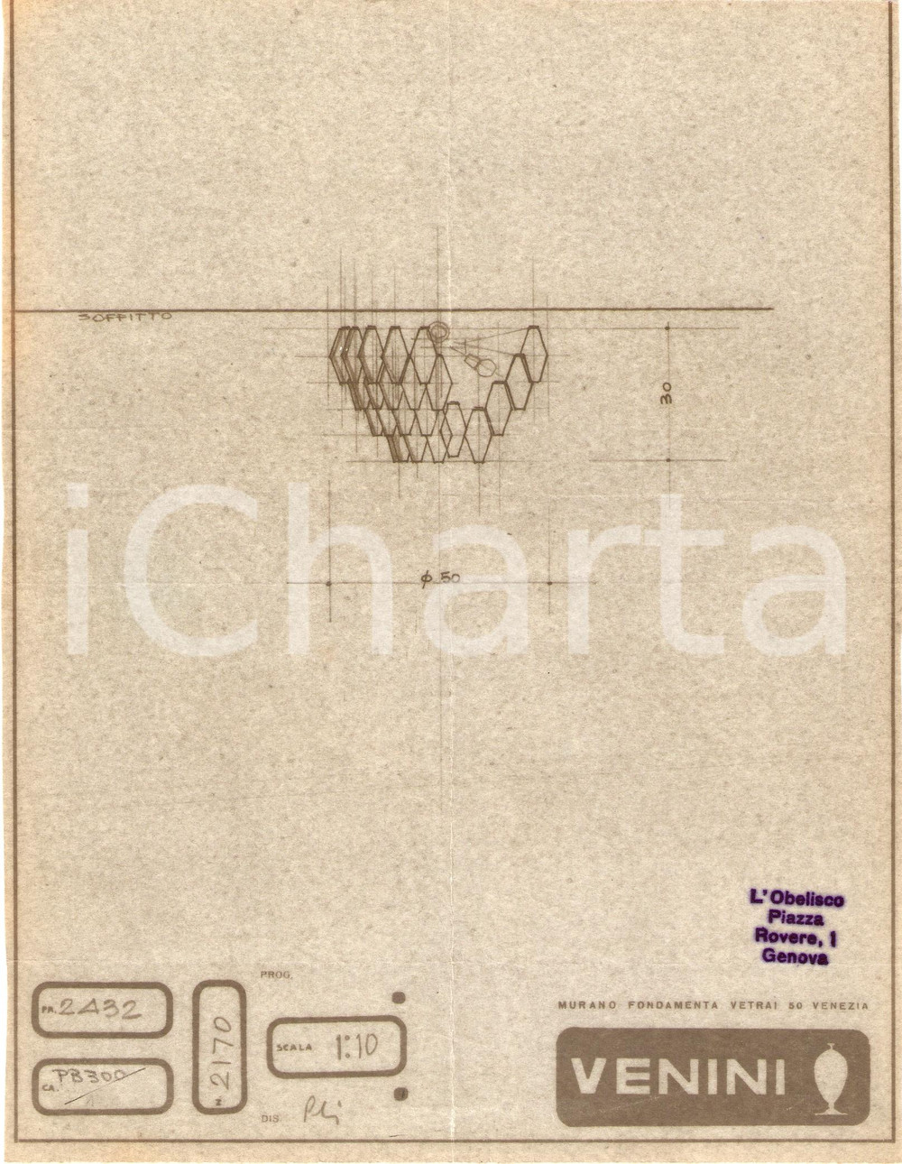 Materiale pubblicitario d’epoca 1960 circa MURANO  VENEZIA Vetrai VENINI Disegno Plafoniera Eliografia 1