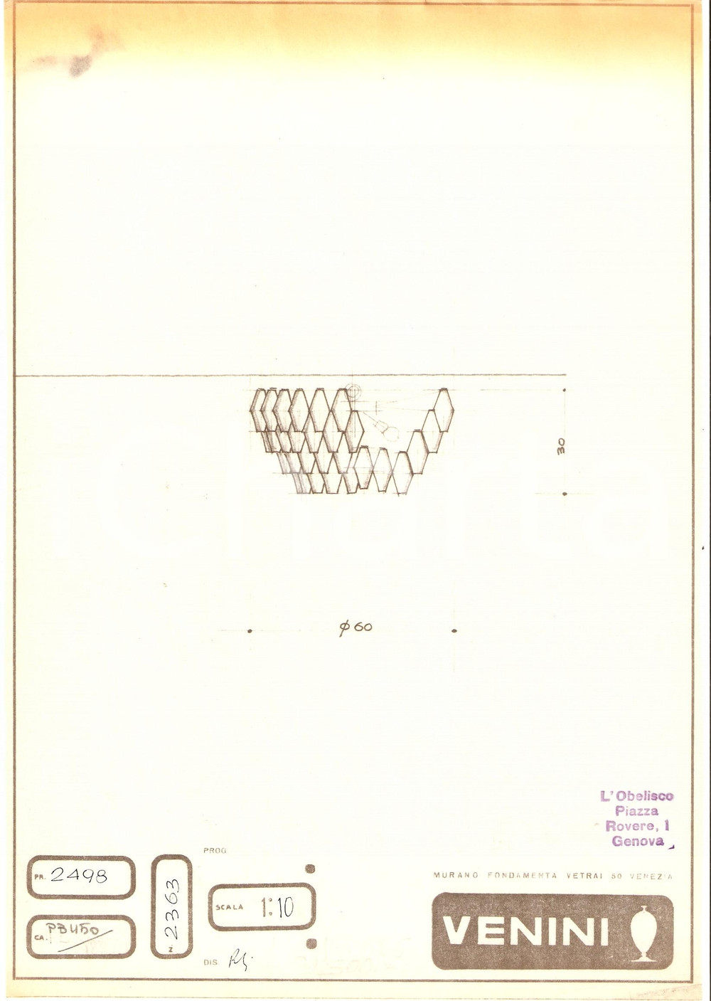 Materiale pubblicitario d’epoca 1960 circa MURANO VENEZIA vetrai VENINI Disegno plafoniera *copia eliografica 1