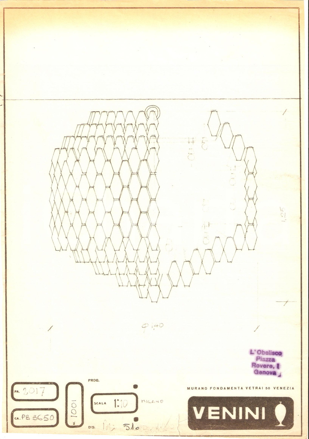 Materiale pubblicitario d’epoca 1960 ca MURANO  VENEZIA vetrai VENINI disegno lampadario Eliografia 5 1