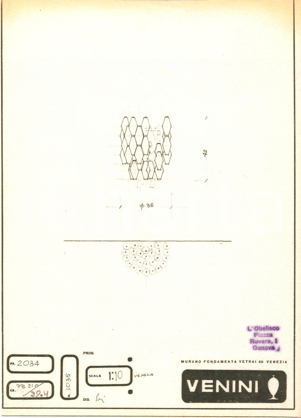 Materiale pubblicitario d’epoca 1960 ca MURANO VENEZIA VENINI Vetrai Disegno Lampada Copia eliografica 1