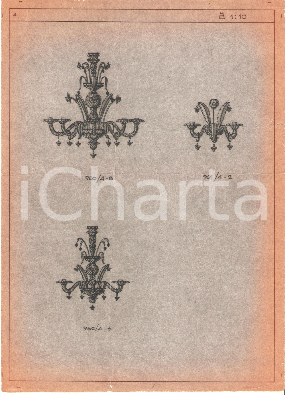 Materiale pubblicitario d’epoca 1960 circa MURANO VENEZIA VENINI Vetrai Disegno Lampadari *Copia eliografica 1