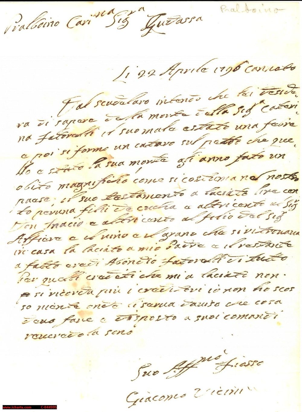 Manoscritto, lettera originale 1797 PRALBOINO BS Descrizione della morte di Caterina Fattorelli 1