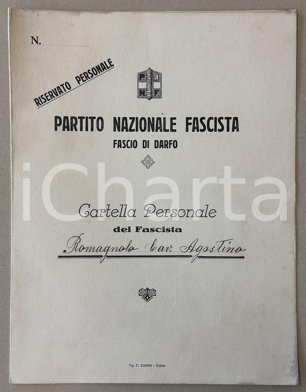 Documento originale, autentico 1928 DARFO BOARIO TERME PNF Agostino ROMAGNOLO - Cartella personale 1