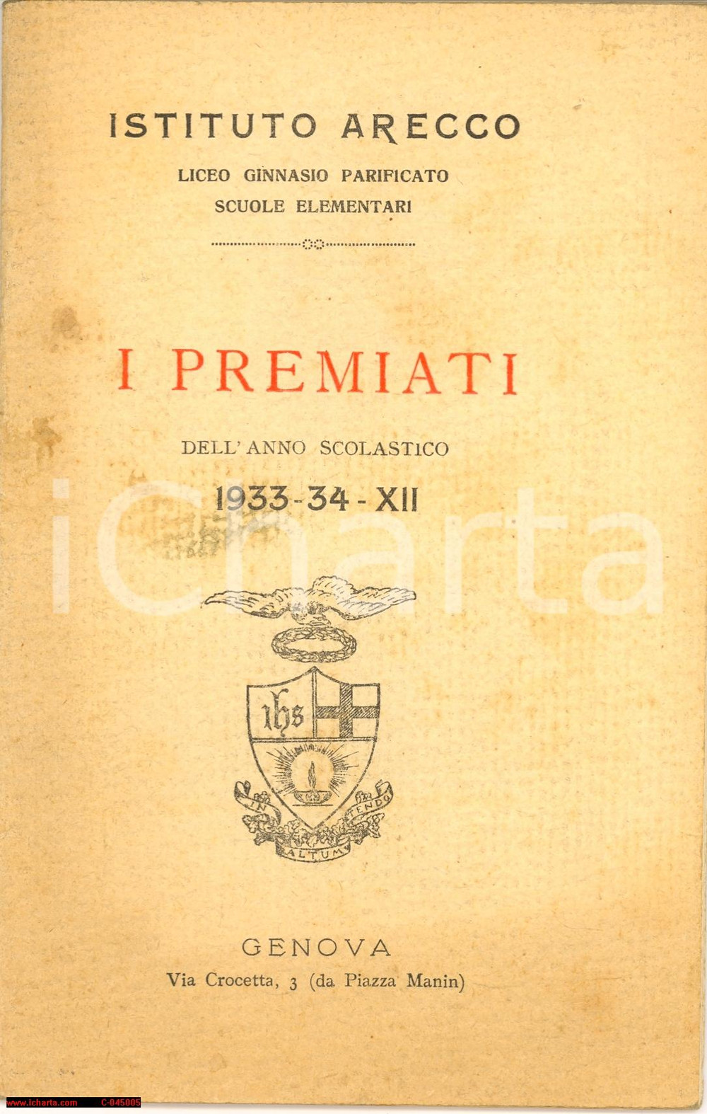 Libro, pubblicazione d epoca 1934 GENOVA ISTITUTO ARECCO premiazioni  libretto 1