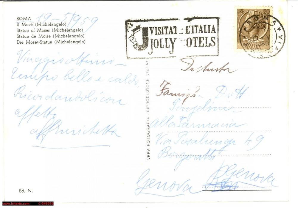 Cartolina originale da collezione 1959 JOLLY HOTELS Cartolina TIMBRO PARLANTE 1