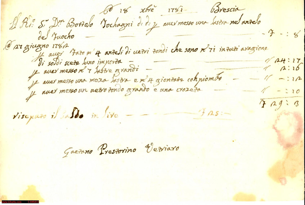 Manoscritto, lettera originale 1781 BRESCIA Conto del vetriaro vetraio 1