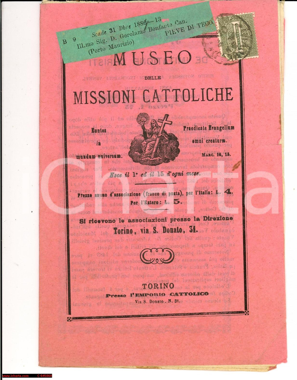 Giornale, rivista storica 1887 Torino, MUSEO delle missioni cattoliche, VIAGGIATA 1