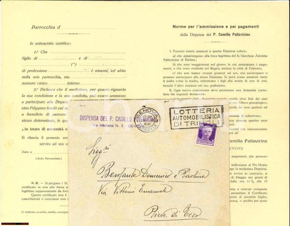 Oggetto da collezione cartaceo 1936 Genova. Dispensa per poveri P. Camillo Pallavicino 1