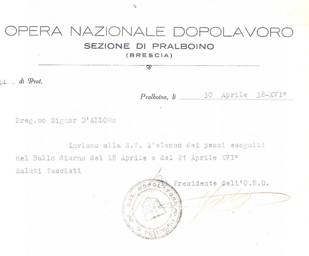 Documento originale, autentico 1938 - Pralboino, Opera Nazionale Dopolavoro a Dall'Oro 1