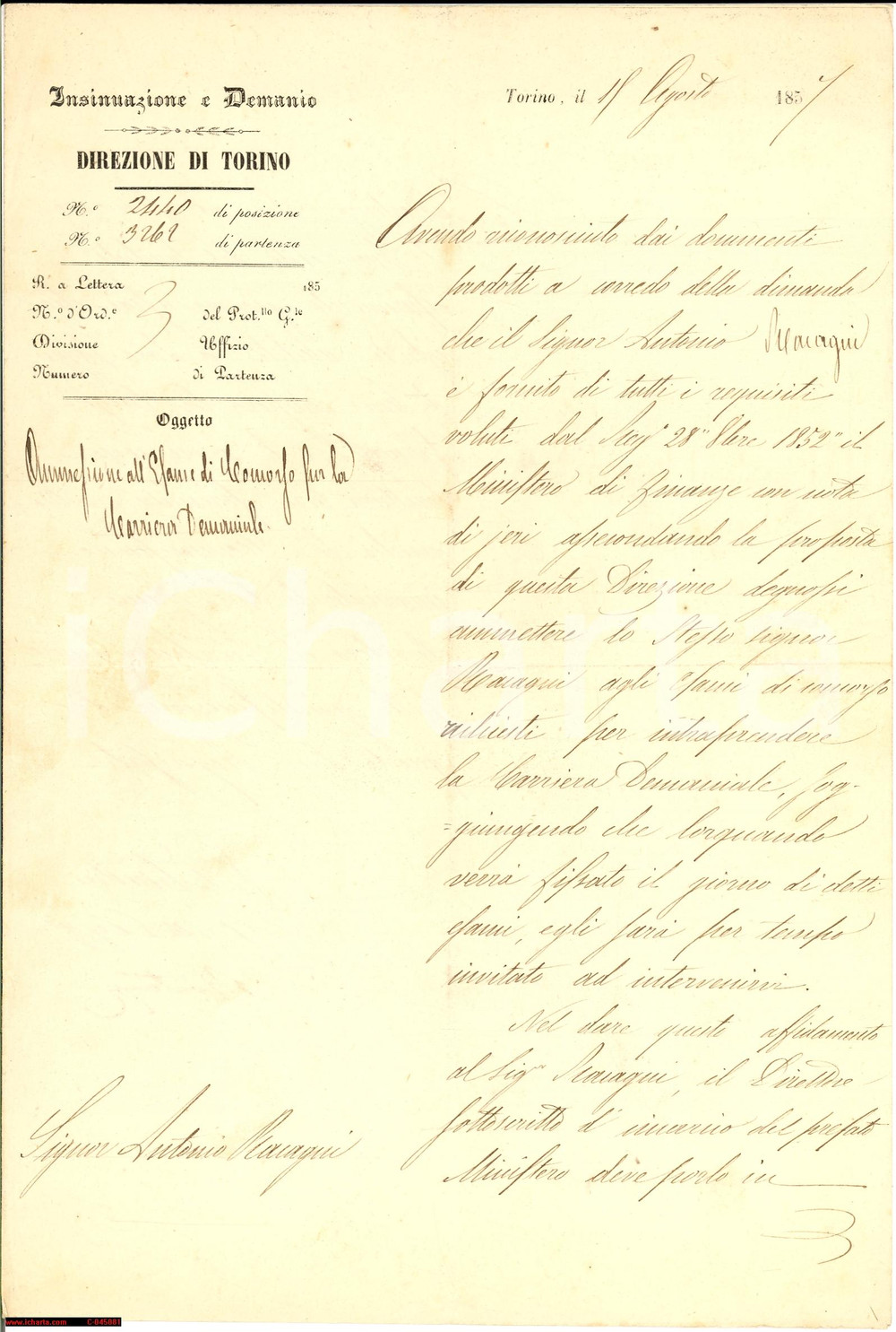 Documento originale, autentico 1857 TORINO Antonio RACAGNI tenta carriera al Demanio 1