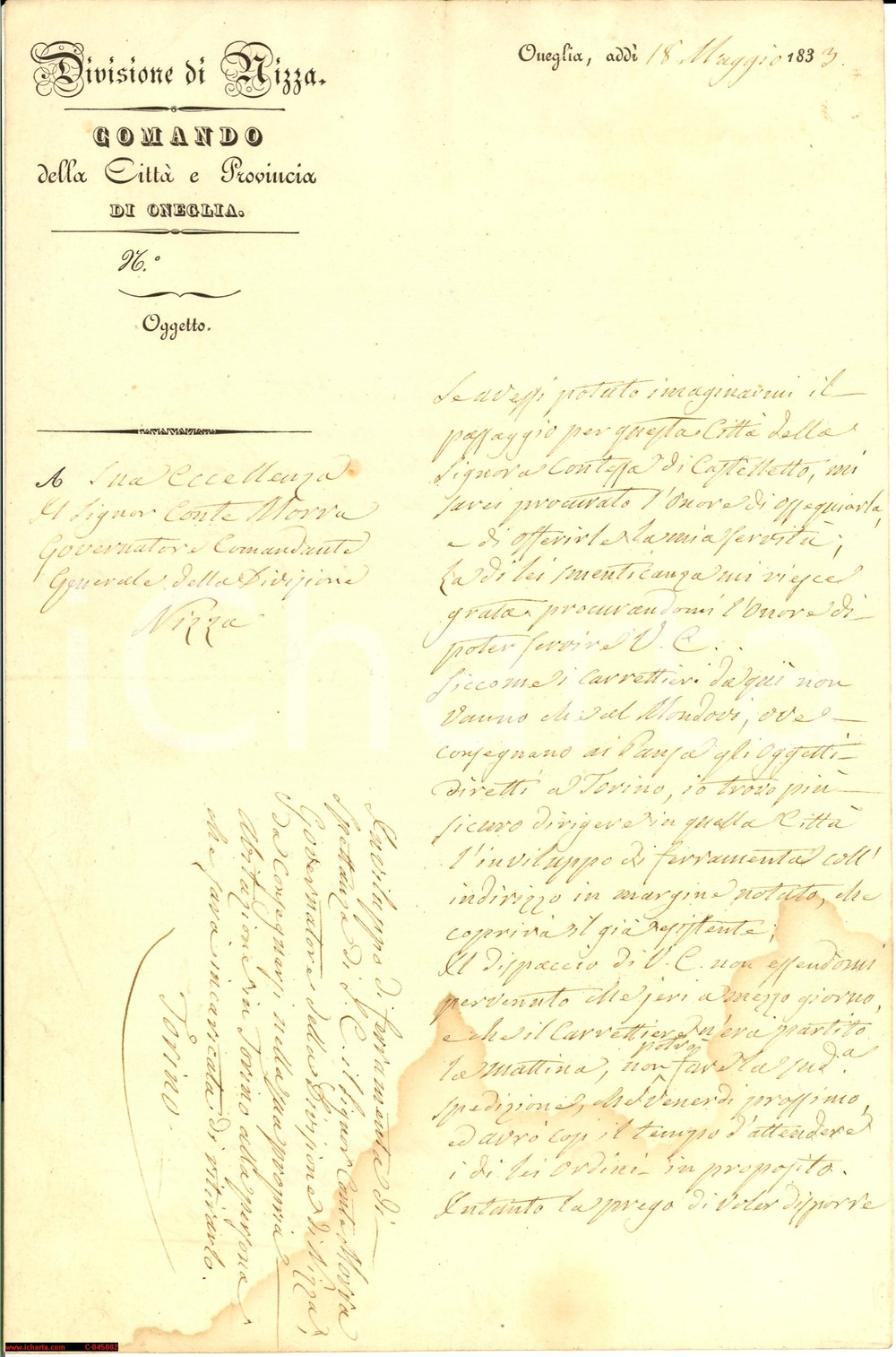 Documento originale, autentico 1833 Oneglia comand. Villarey invia ferro a conte Morra 1