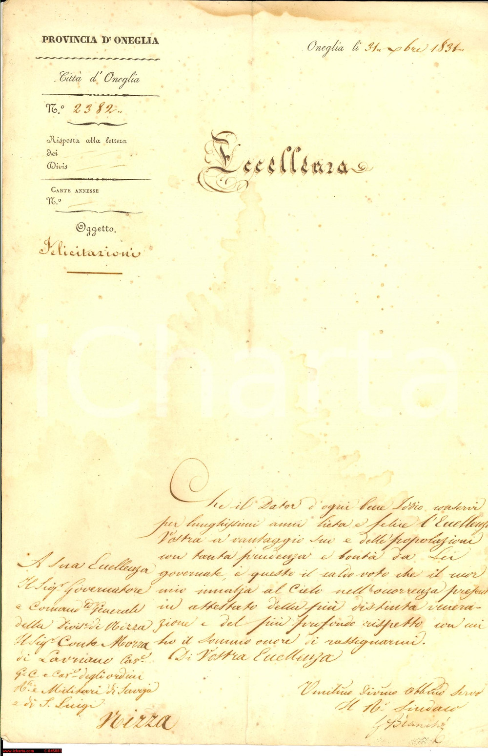 Documento originale, autentico 1831 ONEGLIA (IM) sindaco BIANCHI auguri al conte MORRA 1