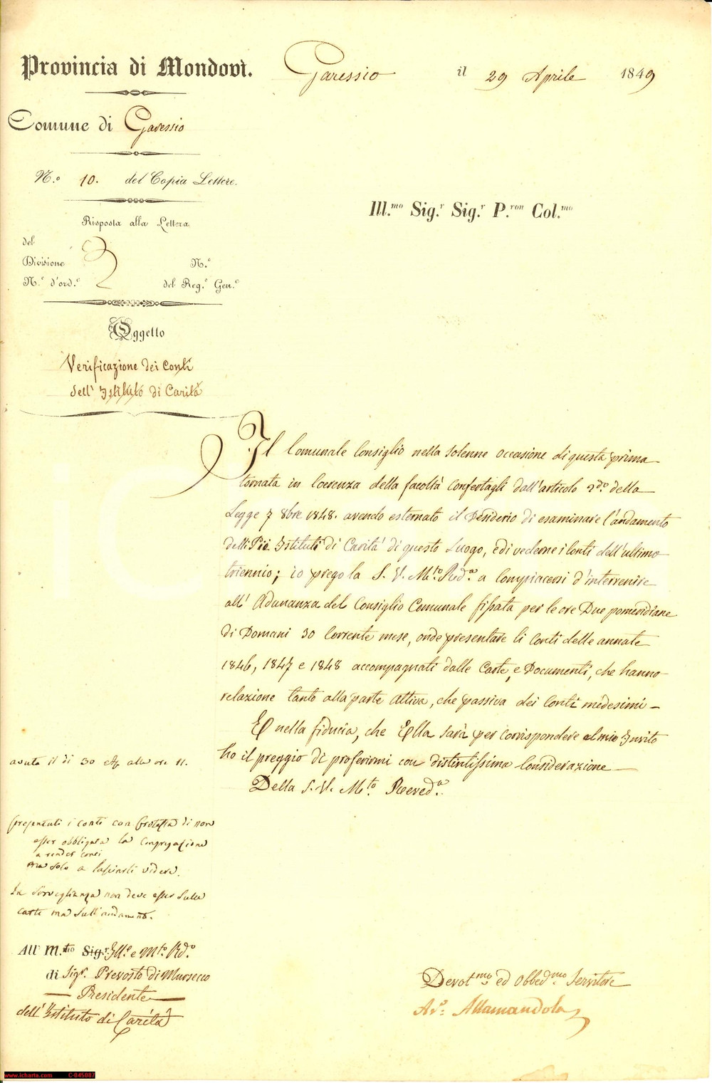 Documento originale, autentico 1849 GARESSIO (CN) Congregazione CaritÃ  presenta conti 1