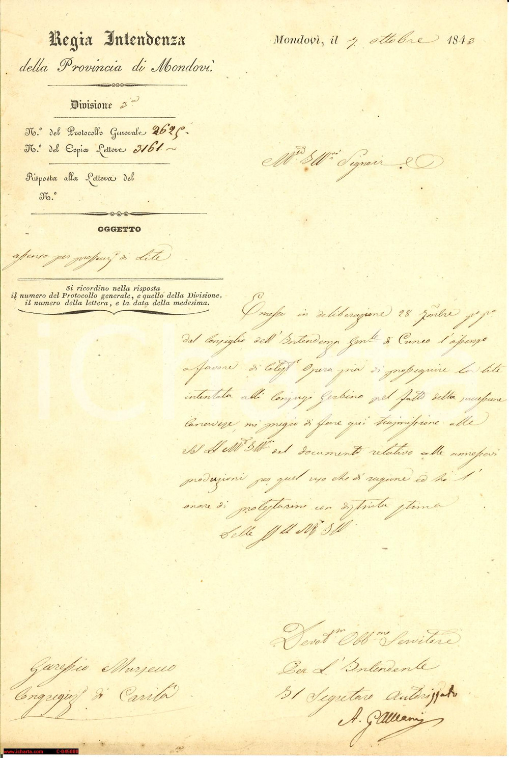 Documento originale, autentico 1843 GARESSIO (CN) Lite della Congregazione di CaritÃ  contro i coniugi GERBINO 1