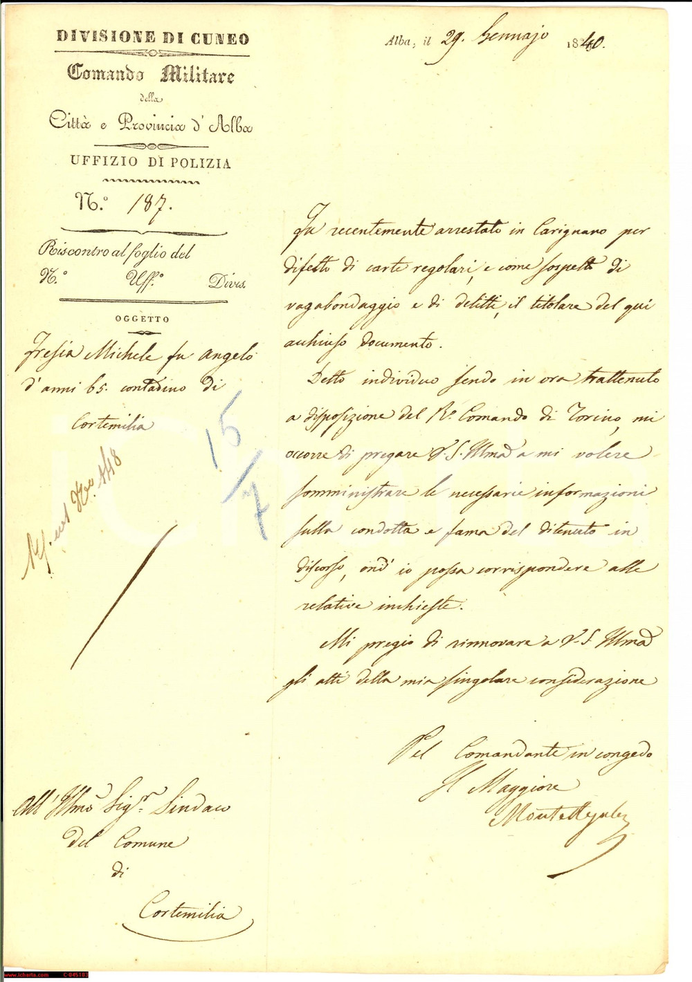 Documento originale, autentico 1840 CARIGNANO (TO) Michele FRESIA vagabondo pericoloso 1