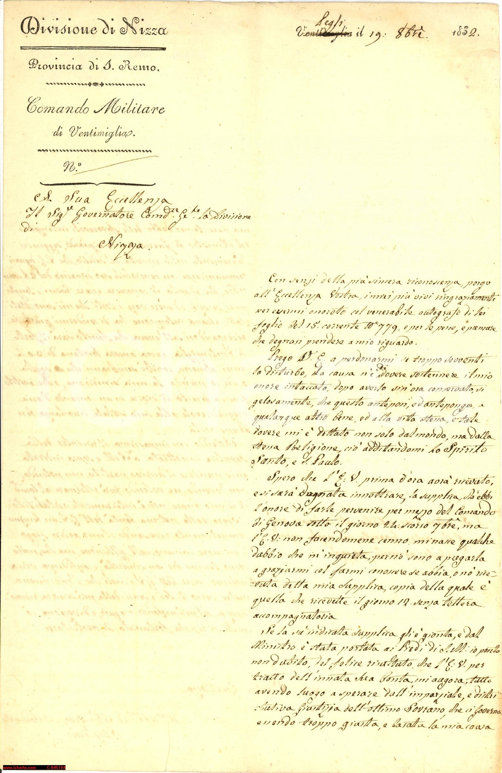 Documento originale, autentico 1832 PEGLI (GE) Torti carriera militare Magg. STAGLIENO 1