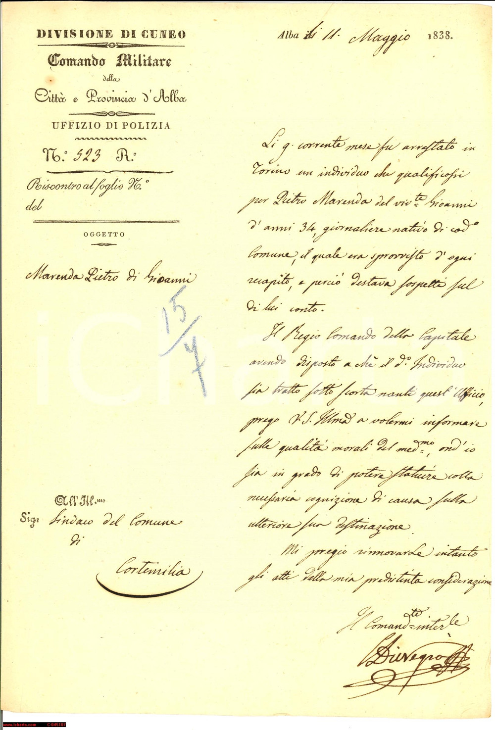 Documento originale, autentico 1838 CORTEMILIA (CN) Pietro MARENDA vagabondo sospetto 1