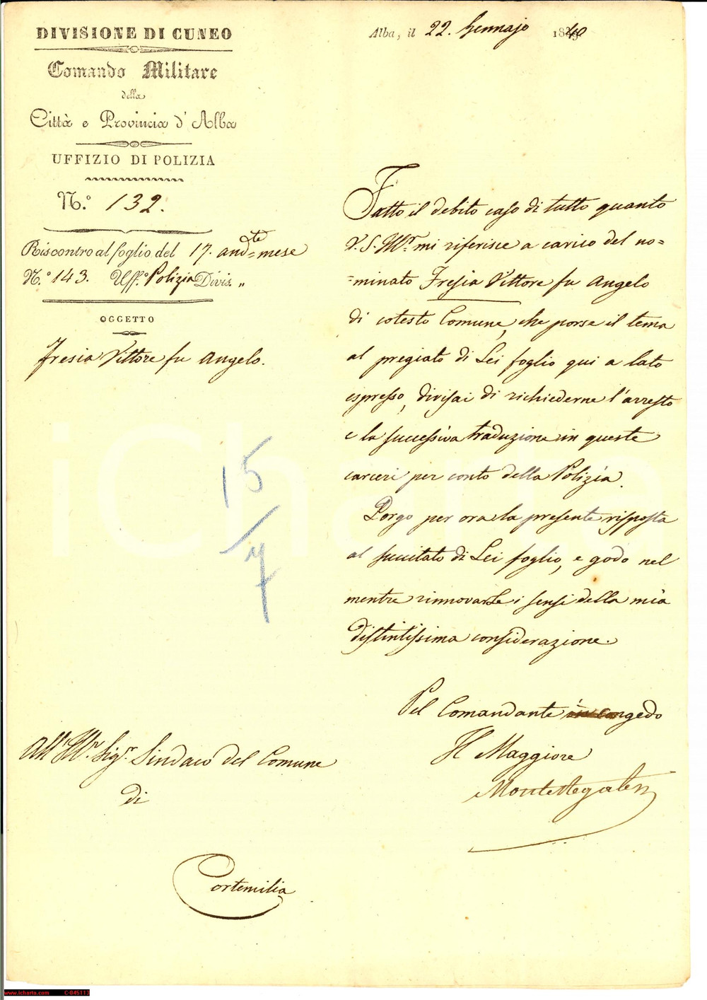 Documento originale, autentico 1840 ALBA (CN) Mandato d'arresto per Vittore FRESIA 1