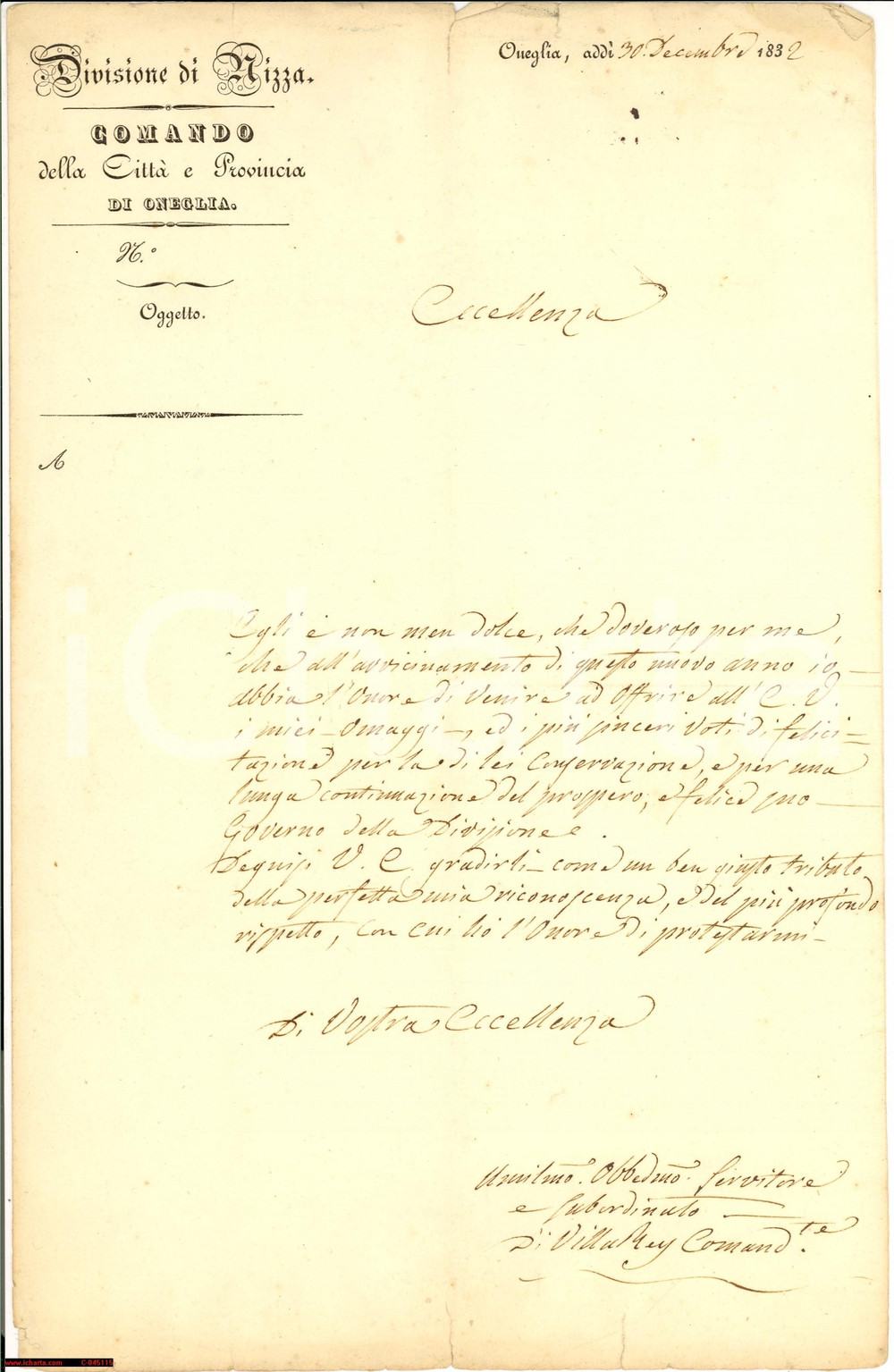 Documento originale, autentico 1832 ONEGLIA (IM) Auguri del comandante DI VILLAREY 1