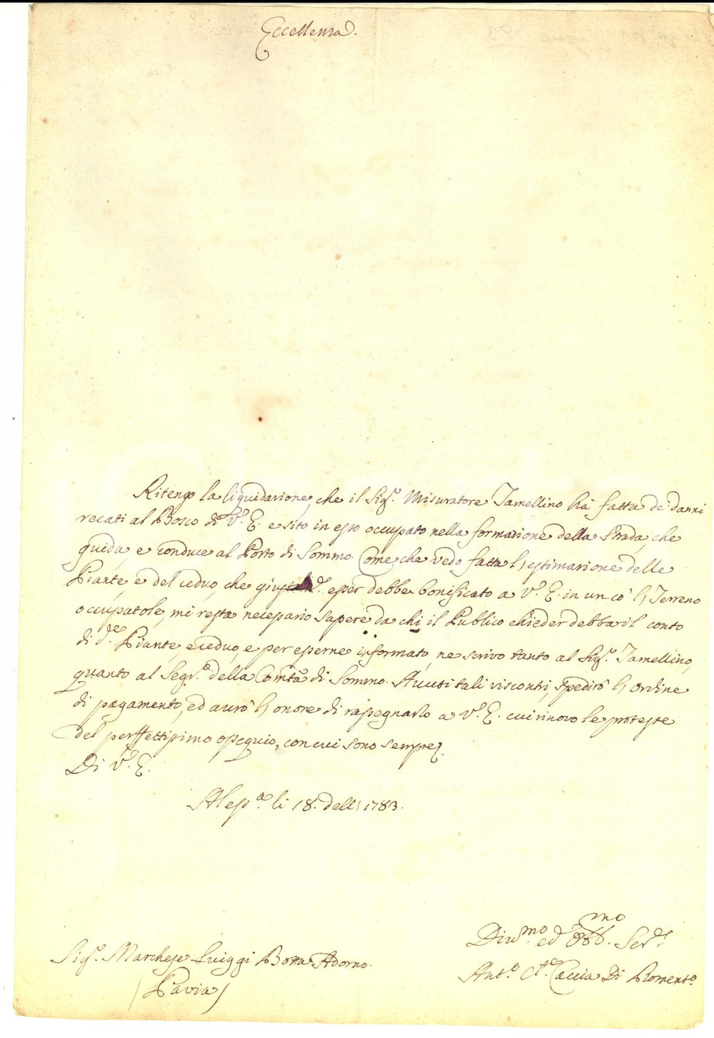 Documento originale, autentico 1784 ALESSANDRIA Conte Antonio CACCIA DI ROMENTINO su risarcimento BOTTA ADORNO 1