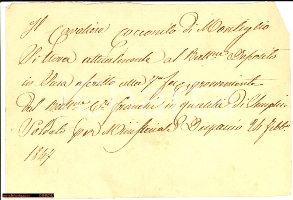 Documento originale, autentico 1850 SUSA (TO) Cav. COCCONITO DI MONTIGLIO trasferito 1