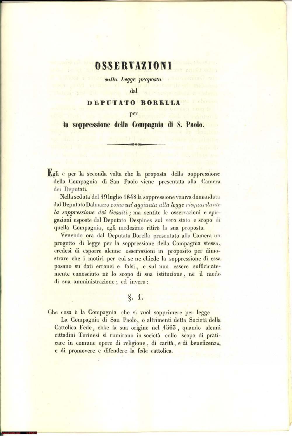 Documento originale, autentico 1851 TORINO Compagnia di S. Paolo proposta soppressione 1