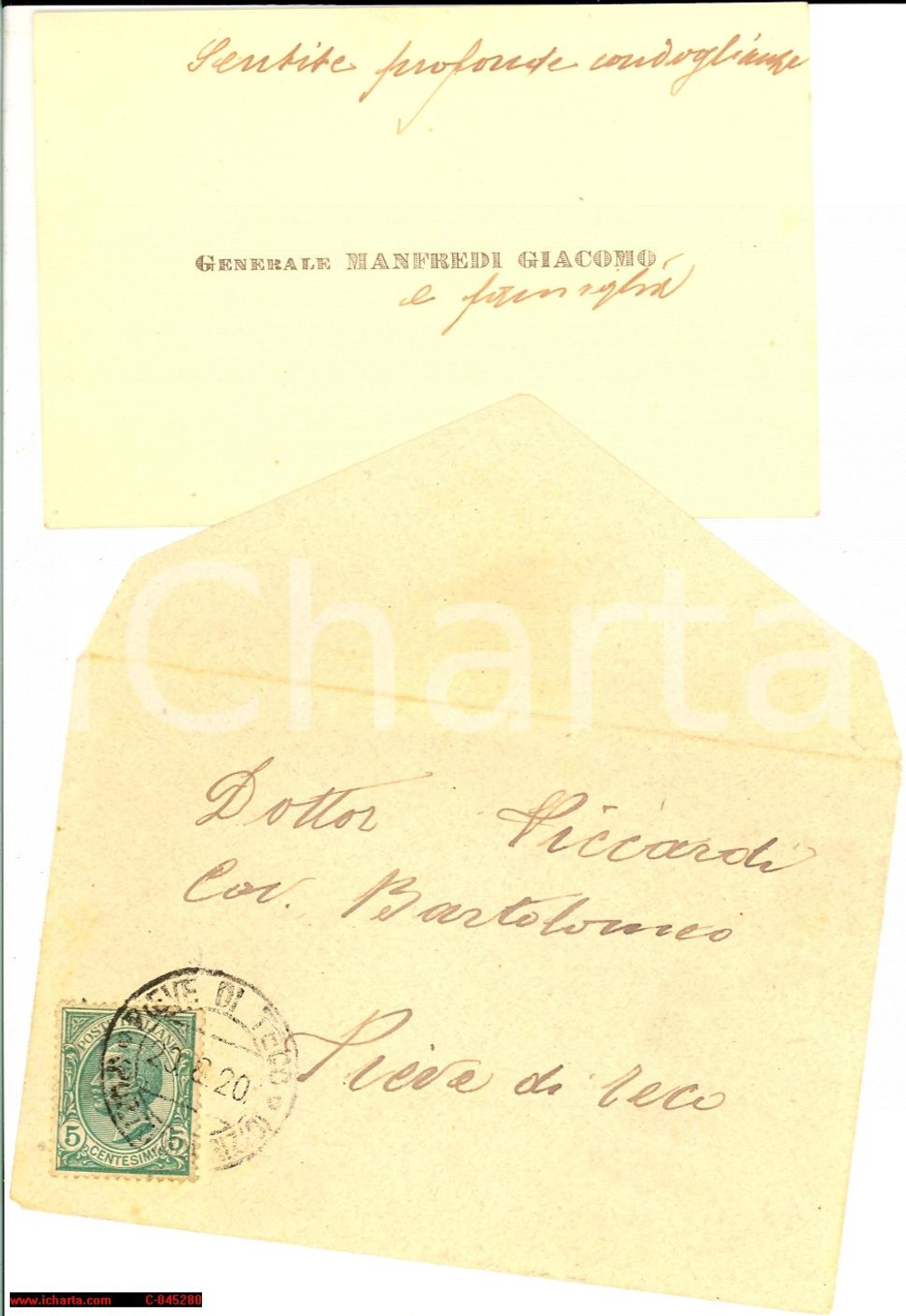 Oggetto da collezione cartaceo 1920 PIEVE DI TECO (IM) condoglianze generale Manfredi 1