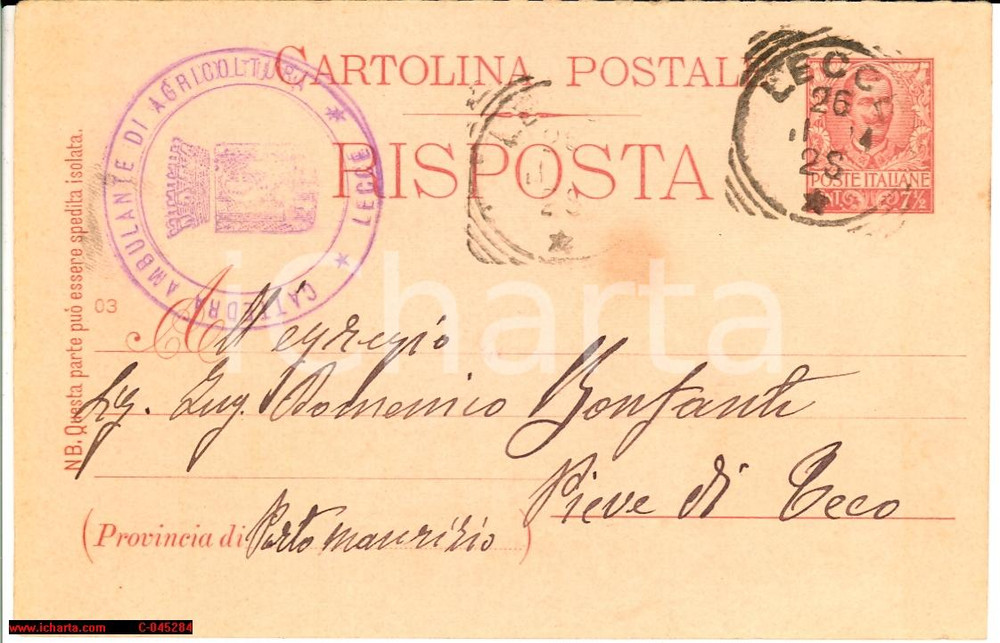 Oggetto da collezione cartaceo 1904 LECCEper PIEVE TECO consigli circa piantumazioni 1