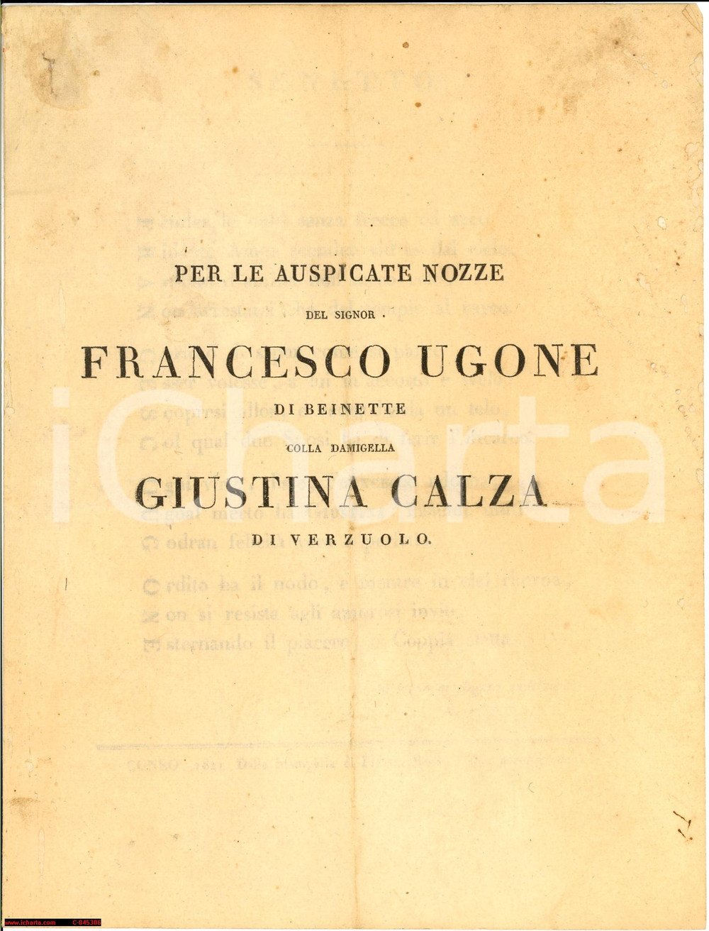 Oggetto da collezione cartaceo 1821 CUNEO nozze Ugone di Beinette e Calza di Verzuolo 1