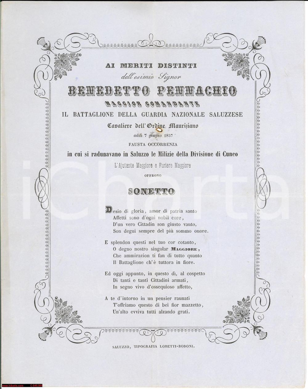 Documento originale, autentico 1857 SALUZZO CN raduno milizie comandante Benedetto Pennachio sonetto 1