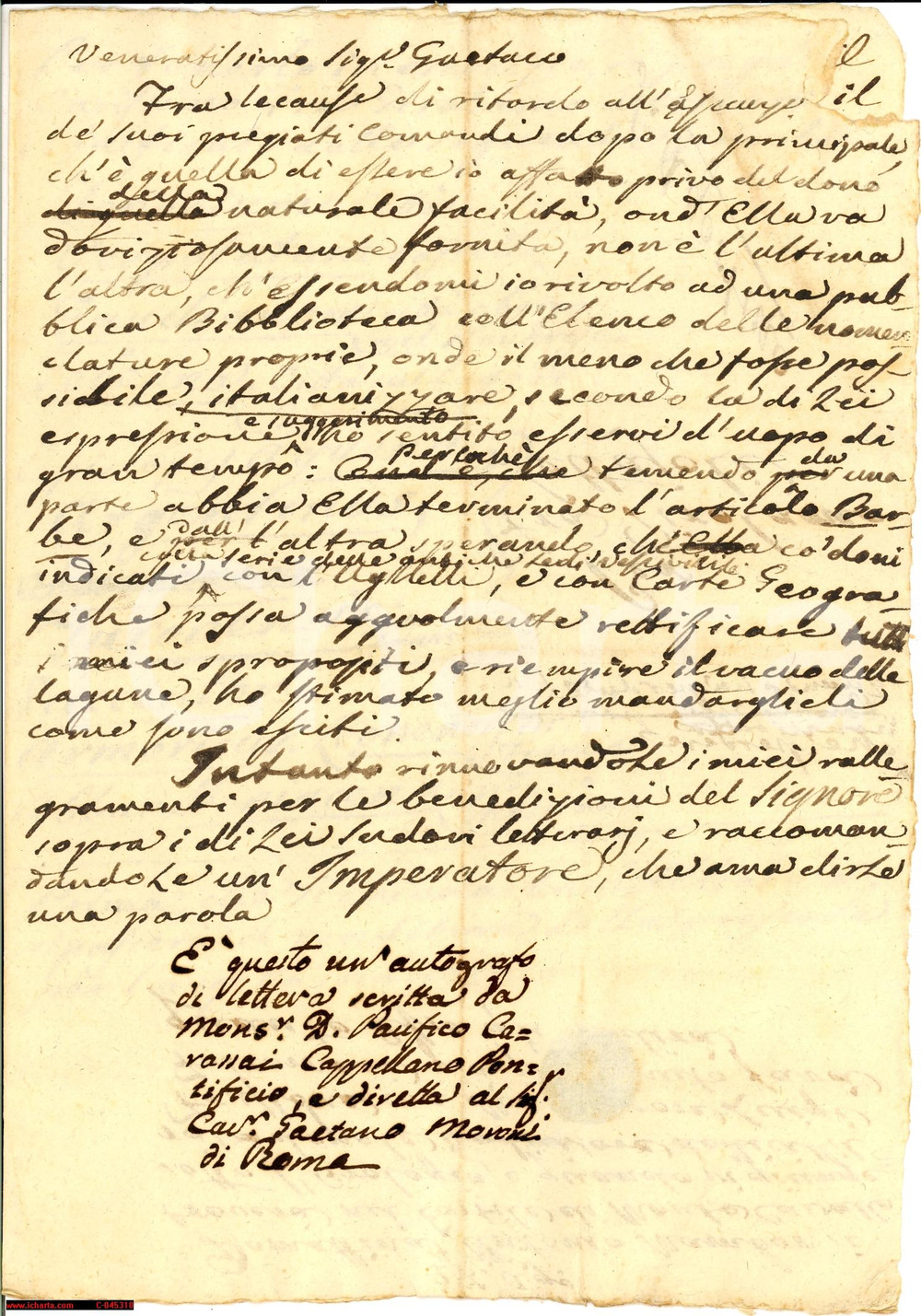 Autografo originale 1835 ? ROMA autografo mons.Carassai a Gaetano Moroni 1